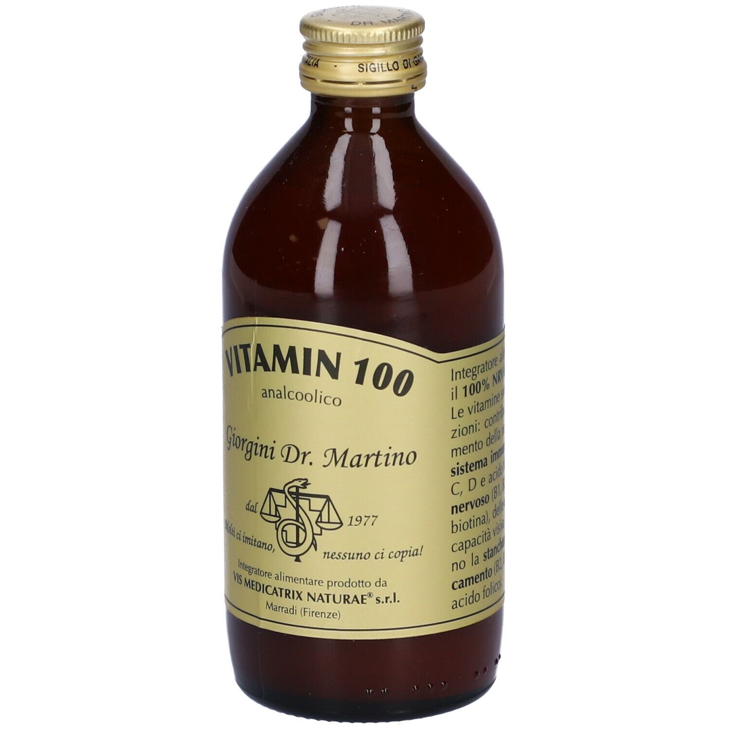 Bottiglia di vetro marrone con tappo dorato ed etichetta. L'etichetta riporta "Vitamin 100 analcolico".