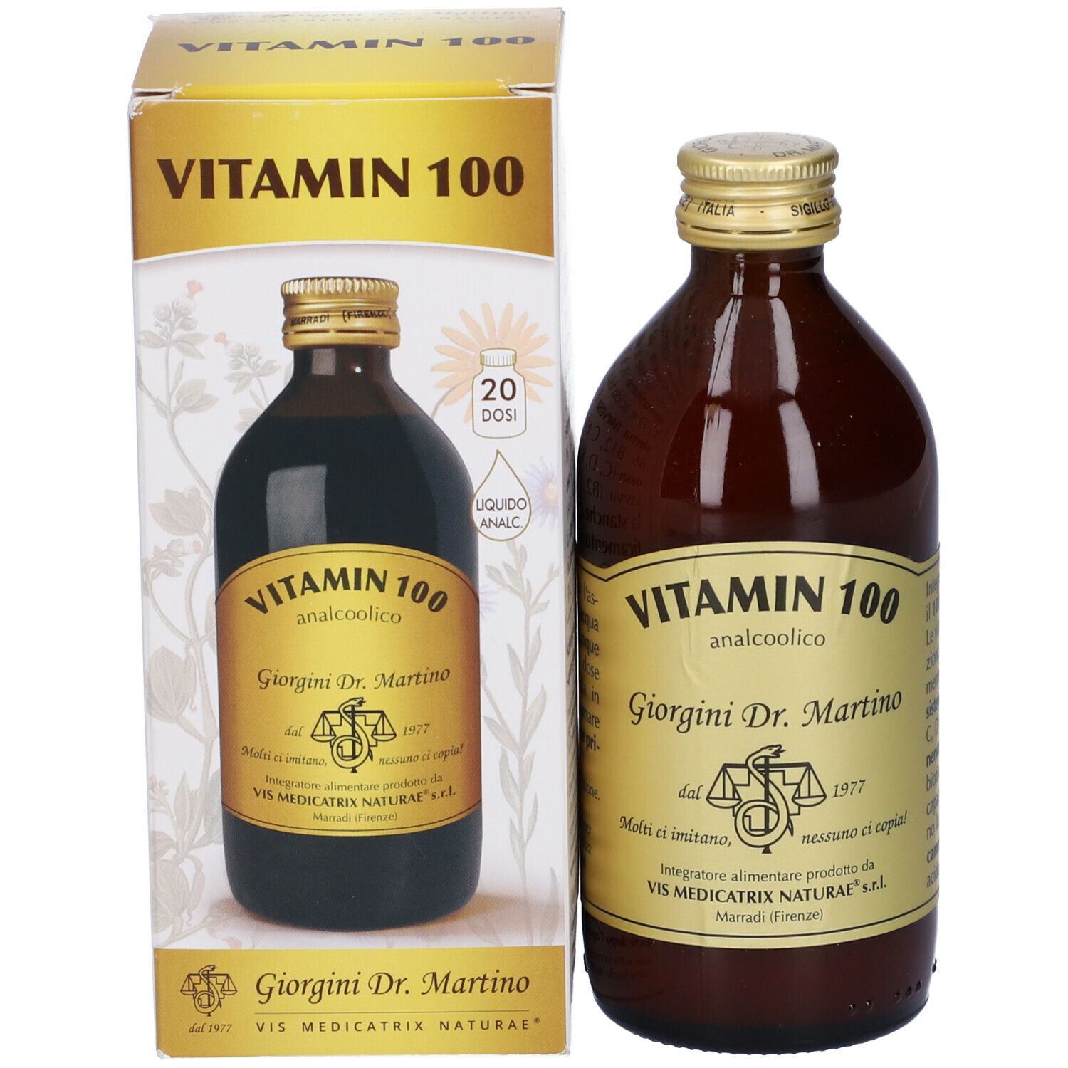 Bottiglia di vetro marrone con tappo dorato ed etichetta, accanto a una scatola bianca. Sulla scatola c'è scritto "Vitamin 100".