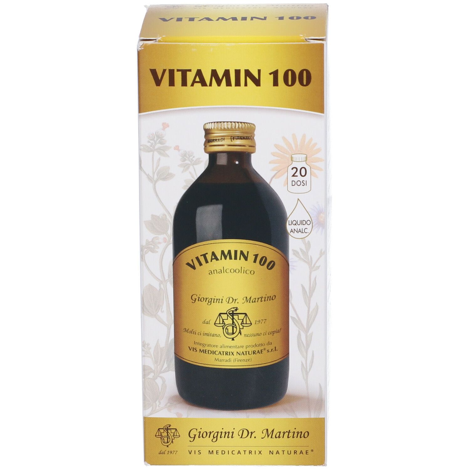 Scatola bianca con immagine e testo del prodotto. Sulla scatola c'è scritto "Vitamin 100".