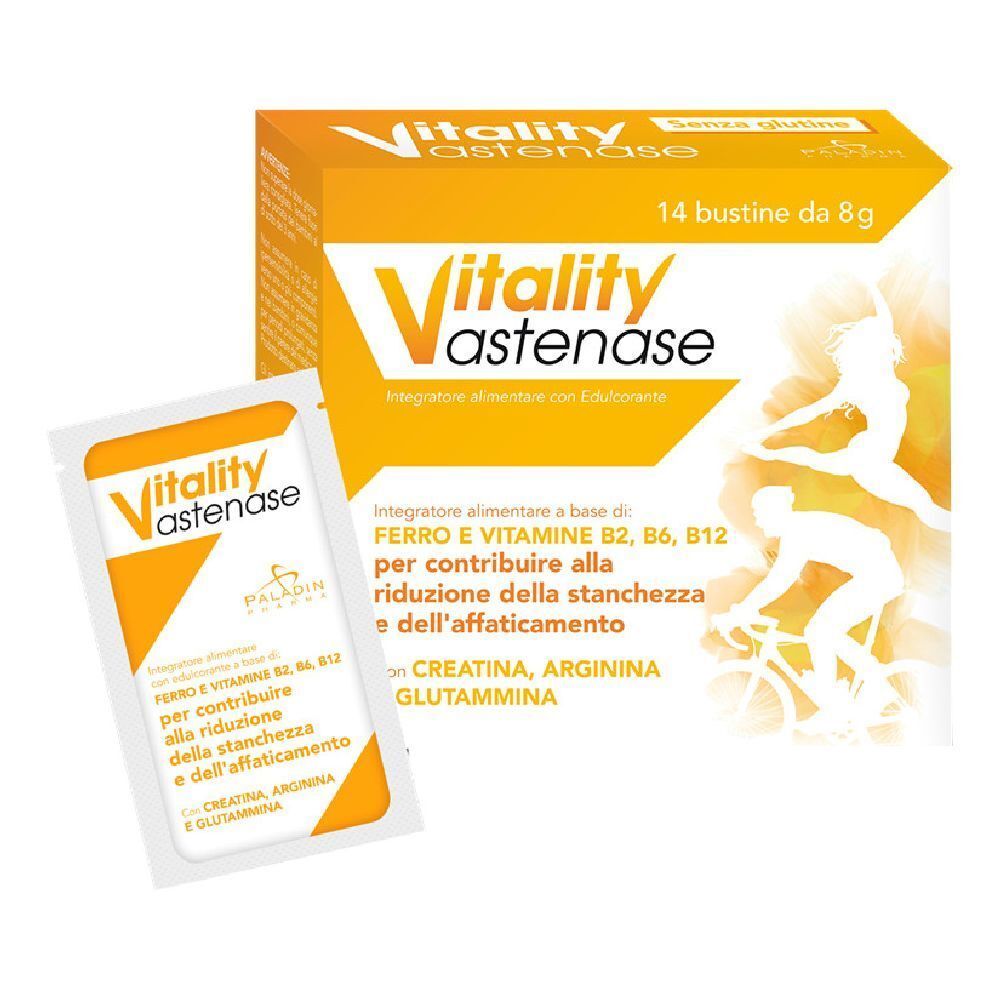 Confezione da 14 bustine Vitality Astenase e bustina singola. Testo: Ferro, vitamine B2, B6, B12.
