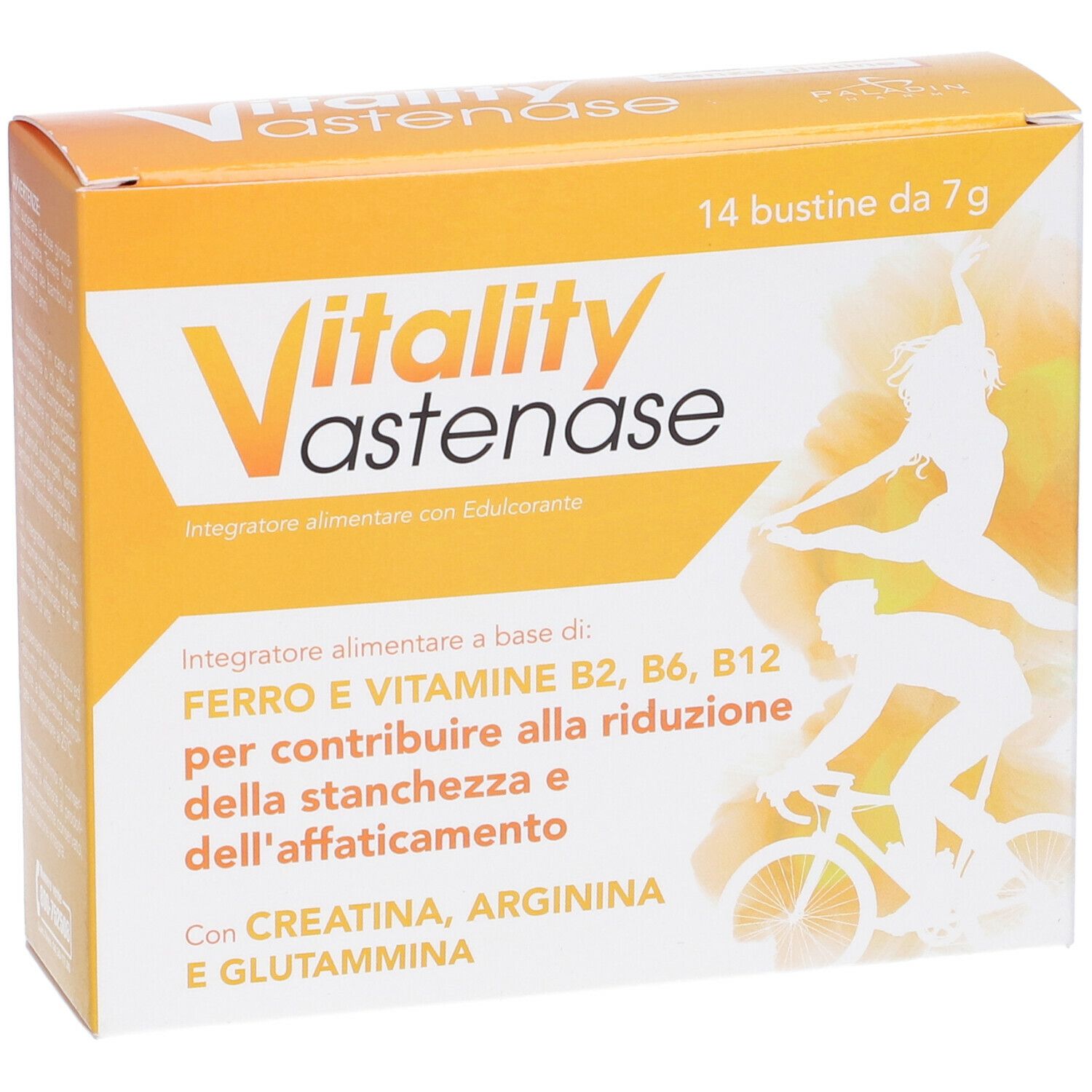 Scatola gialla Vitality Astenase. Testo: Ferro, vitamine B2, B6, B12. Illustrazione: sportivi.