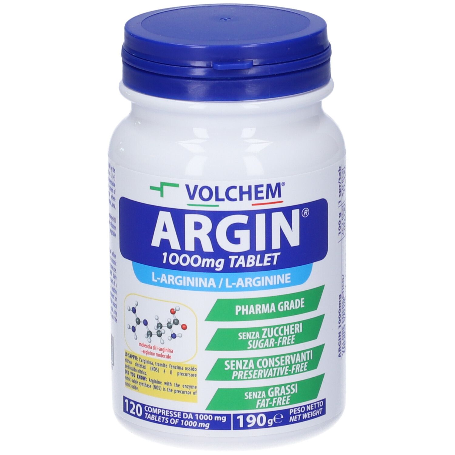 Flacone bianco con tappo blu. Scritta: VOLCHEM ARGIN 1000mg TABLET. Contiene 120 compresse. Pharma Grade.