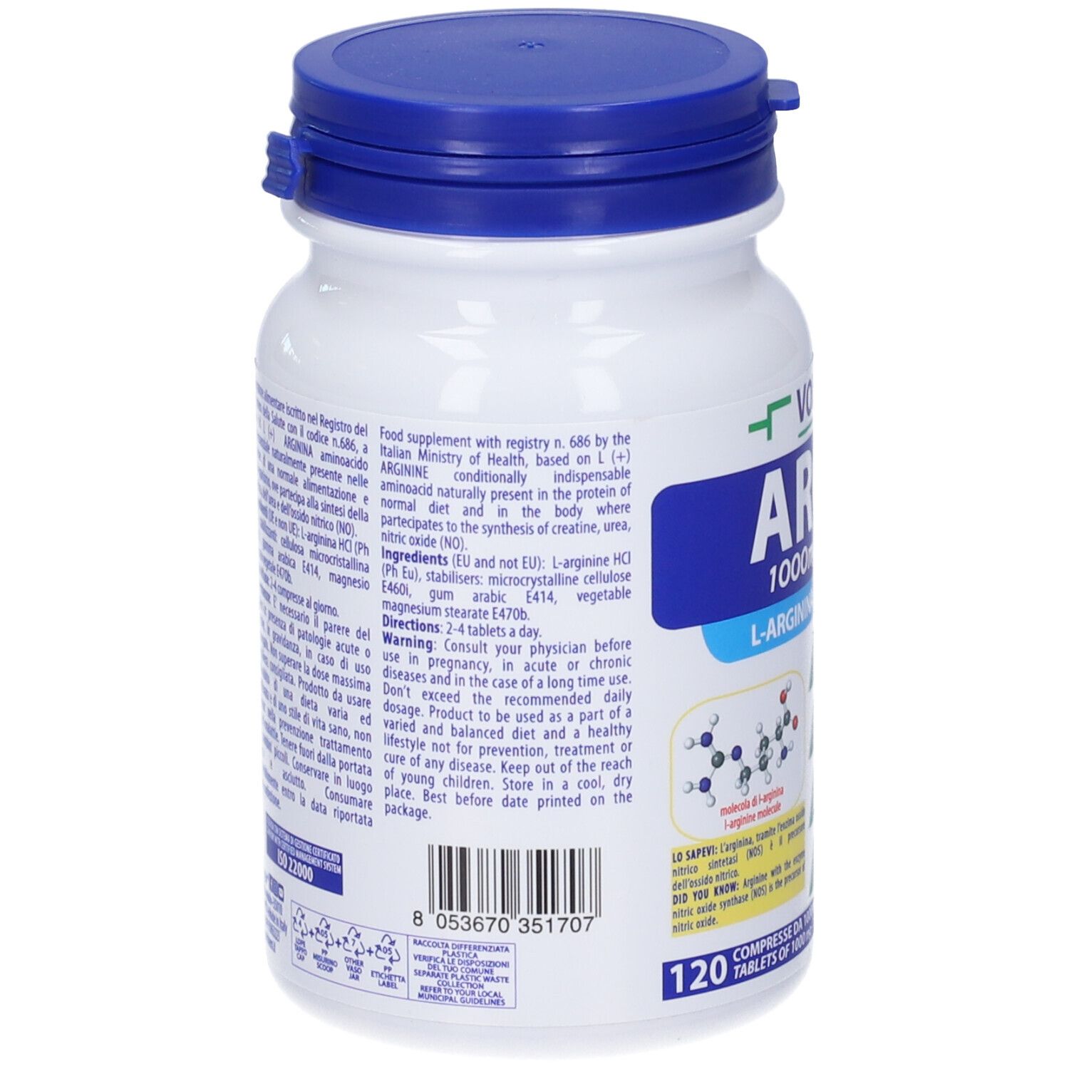 Retro di un flacone bianco con tappo blu. Informazioni testuali su ingredienti e uso. 120 compresse.
