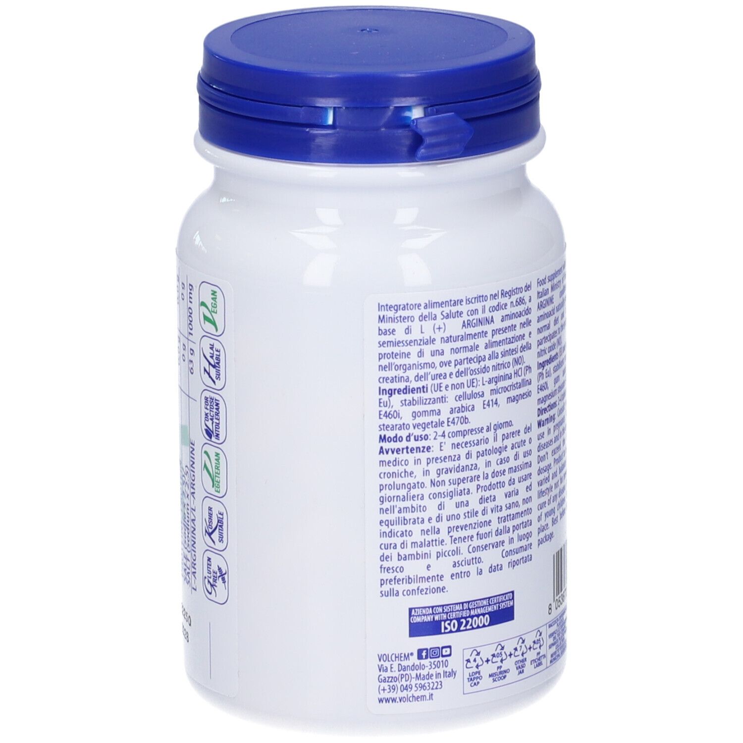 Retro di un flacone bianco con tappo blu. Informazioni testuali su ingredienti e uso. ISO 22000.
