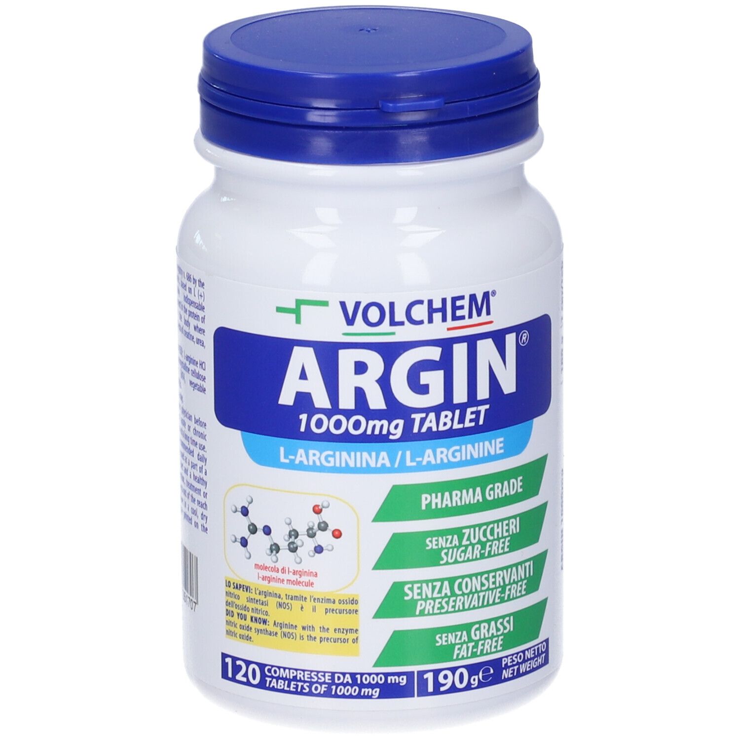 Flacone bianco con tappo blu. Scritta: VOLCHEM ARGIN 1000mg TABLET. Contiene 120 compresse. Pharma Grade.