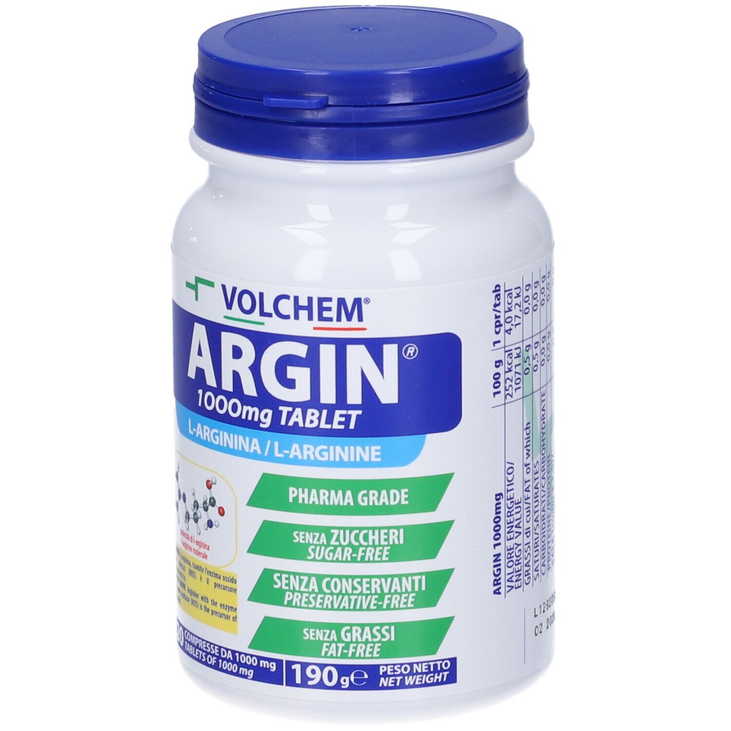 Flacone bianco con tappo blu. Scritta: VOLCHEM ARGIN 1000mg TABLET. Contiene 120 compresse. Pharma Grade.