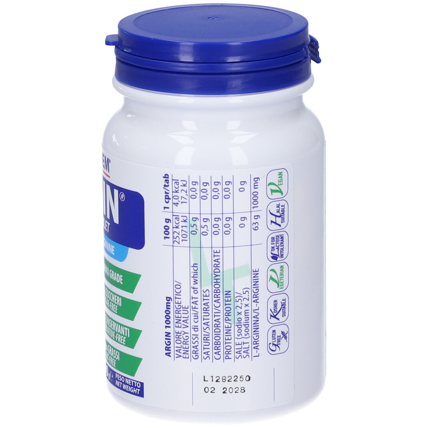 Retro di un flacone bianco con tappo blu. Informazioni nutrizionali e certificazioni. Scadenza 02 2028.