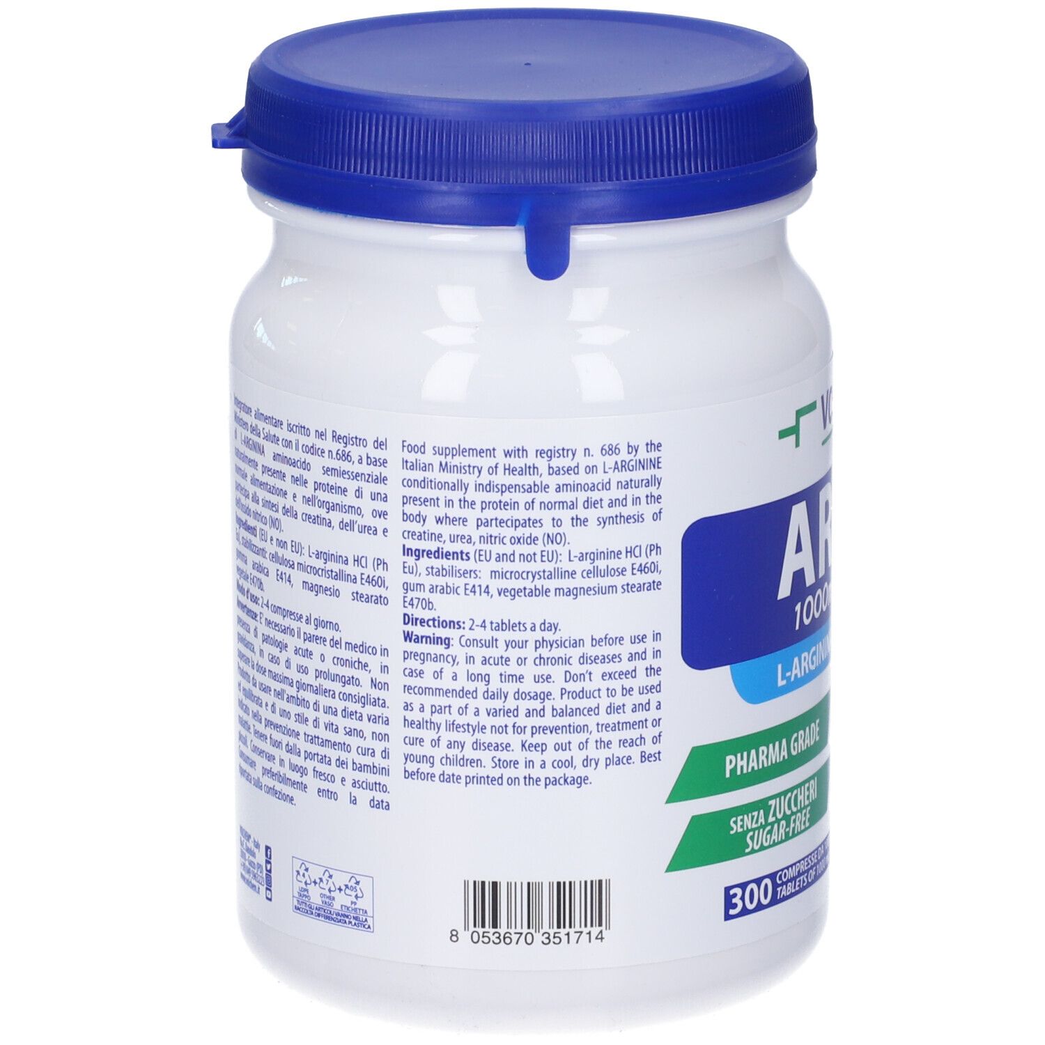Retro di un barattolo bianco con coperchio blu. Testo sugli ingredienti, istruzioni per l'uso e avvertenze. Pharma Grade.