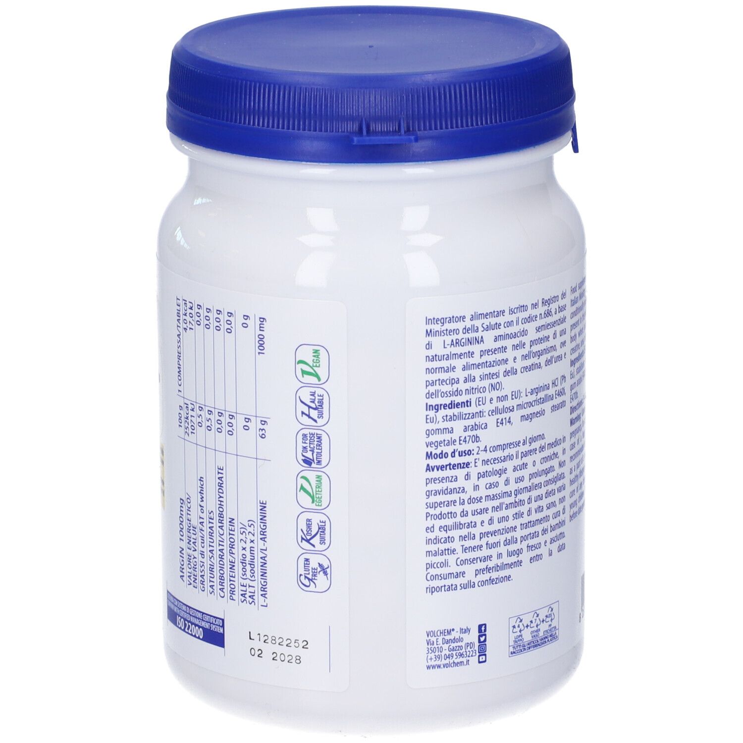 Retro di un barattolo bianco con coperchio blu. Informazioni nutrizionali e ingredienti. Certificazione ISO 22000.