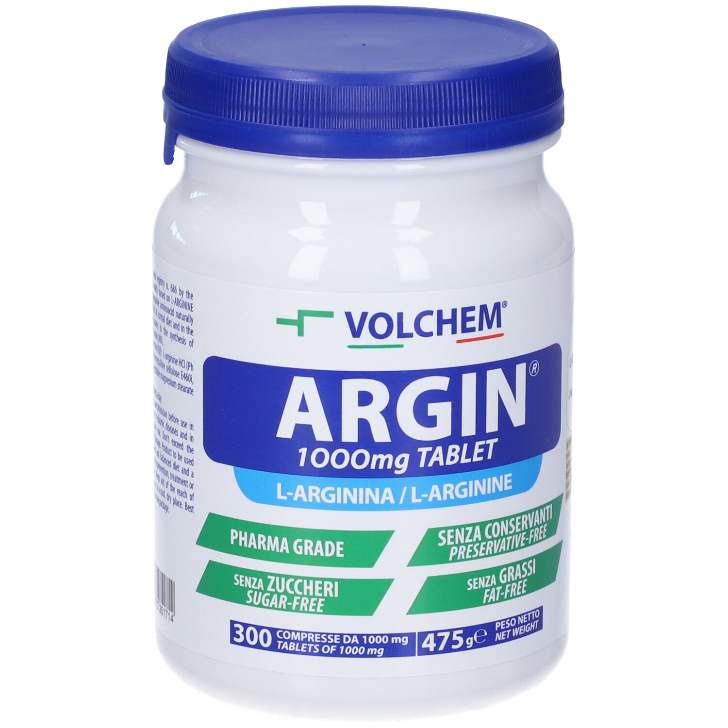 Barattolo bianco con coperchio blu. Scritta VOLCHEM, ARGIN 1000mg Tablet, L-Arginina. Pharma Grade, senza zucchero, senza conservanti, senza grassi.