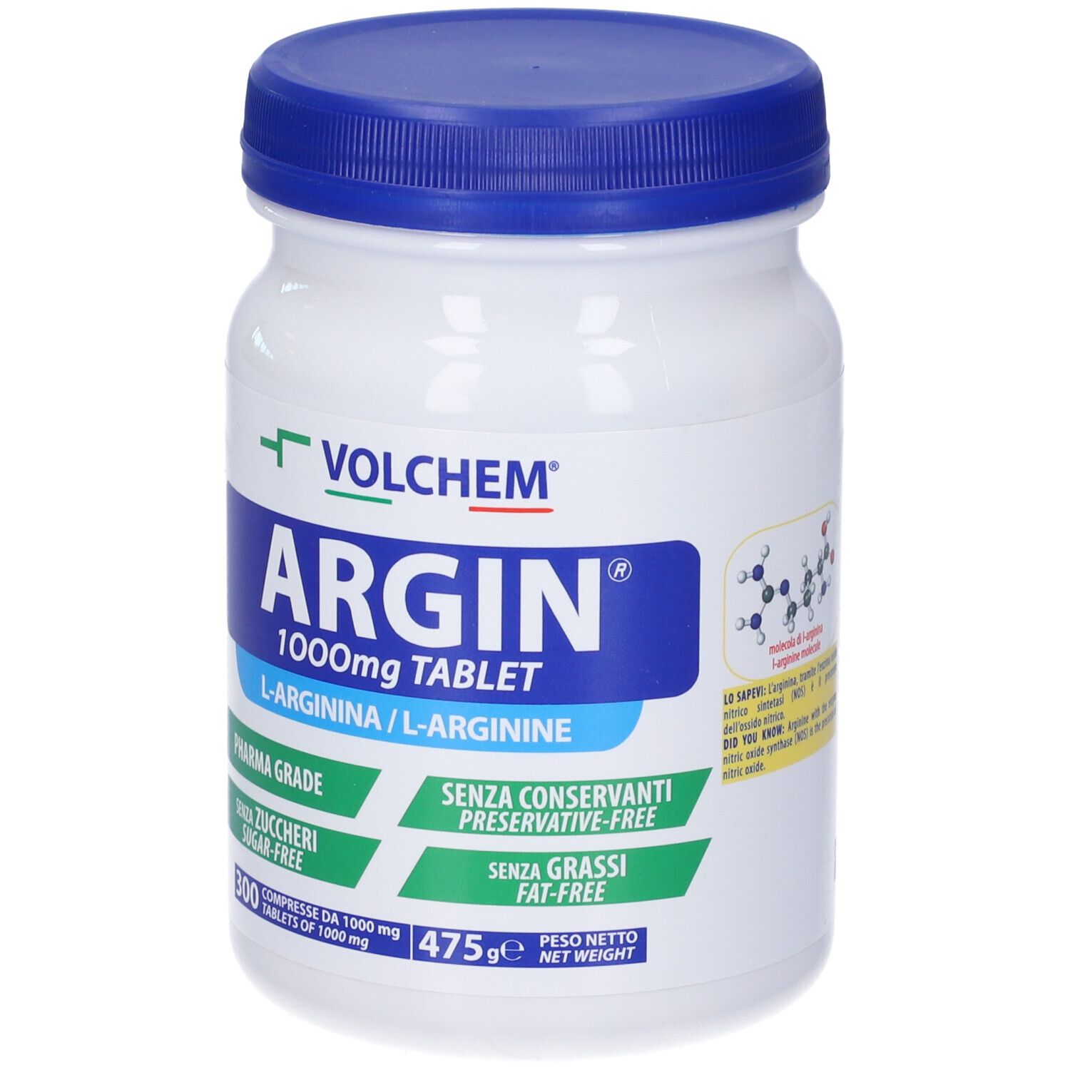 Barattolo bianco con coperchio blu. Scritta VOLCHEM, ARGIN 1000mg Tablet, L-Arginina. Pharma Grade, senza zucchero, senza conservanti, senza grassi. Grafico molecolare.
