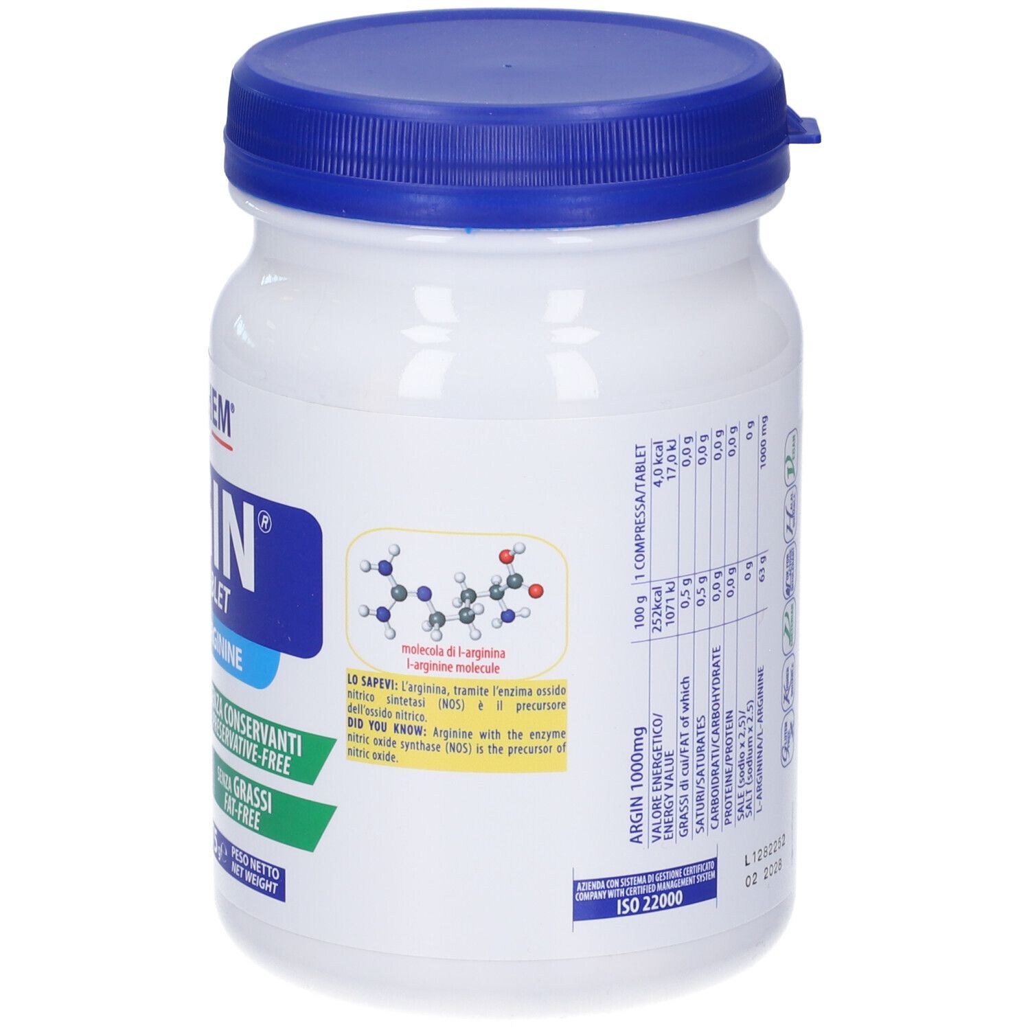 Retro di un barattolo bianco con coperchio blu. Informazioni nutrizionali, ingredienti, grafico molecolare. Certificazione ISO 22000.