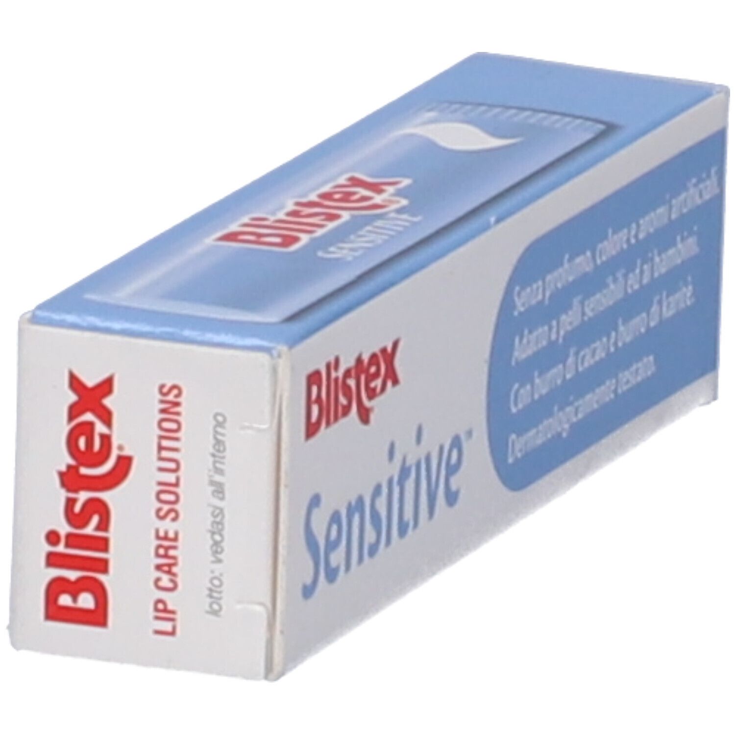 Confezione di Blistex Sensitive Labbra Stick. Scatola blu e bianca. Nome del prodotto e testo sulla confezione. Dermatologicamente testato.