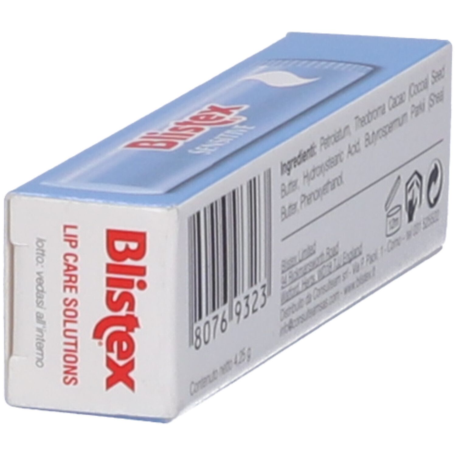 Retro della confezione di Blistex Sensitive Labbra Stick. Codice a barre, ingredienti e informazioni del produttore. Peso netto 4,25 g.