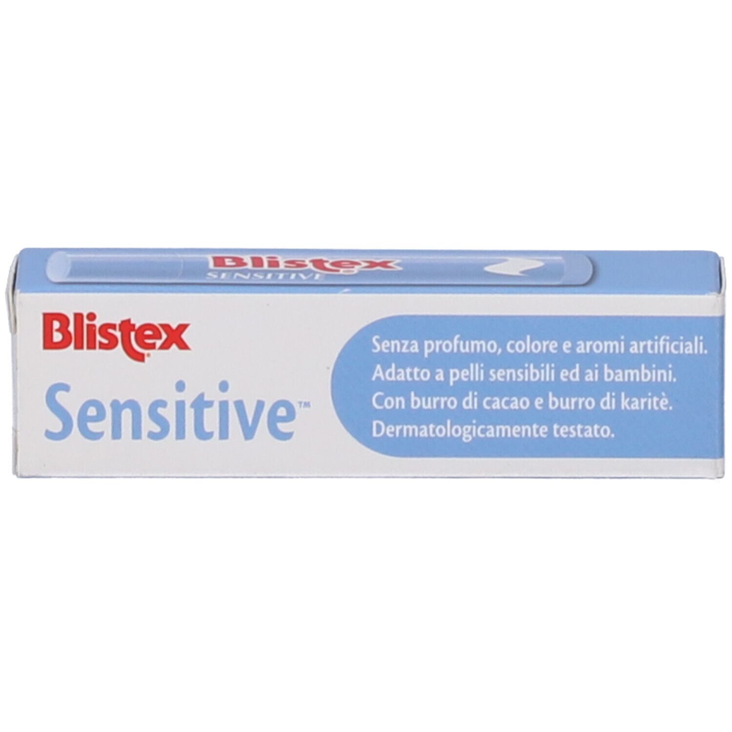 Confezione di Blistex Sensitive Labbra Stick. Scatola bianca e blu con nome del prodotto e testo. Dermatologicamente testato.