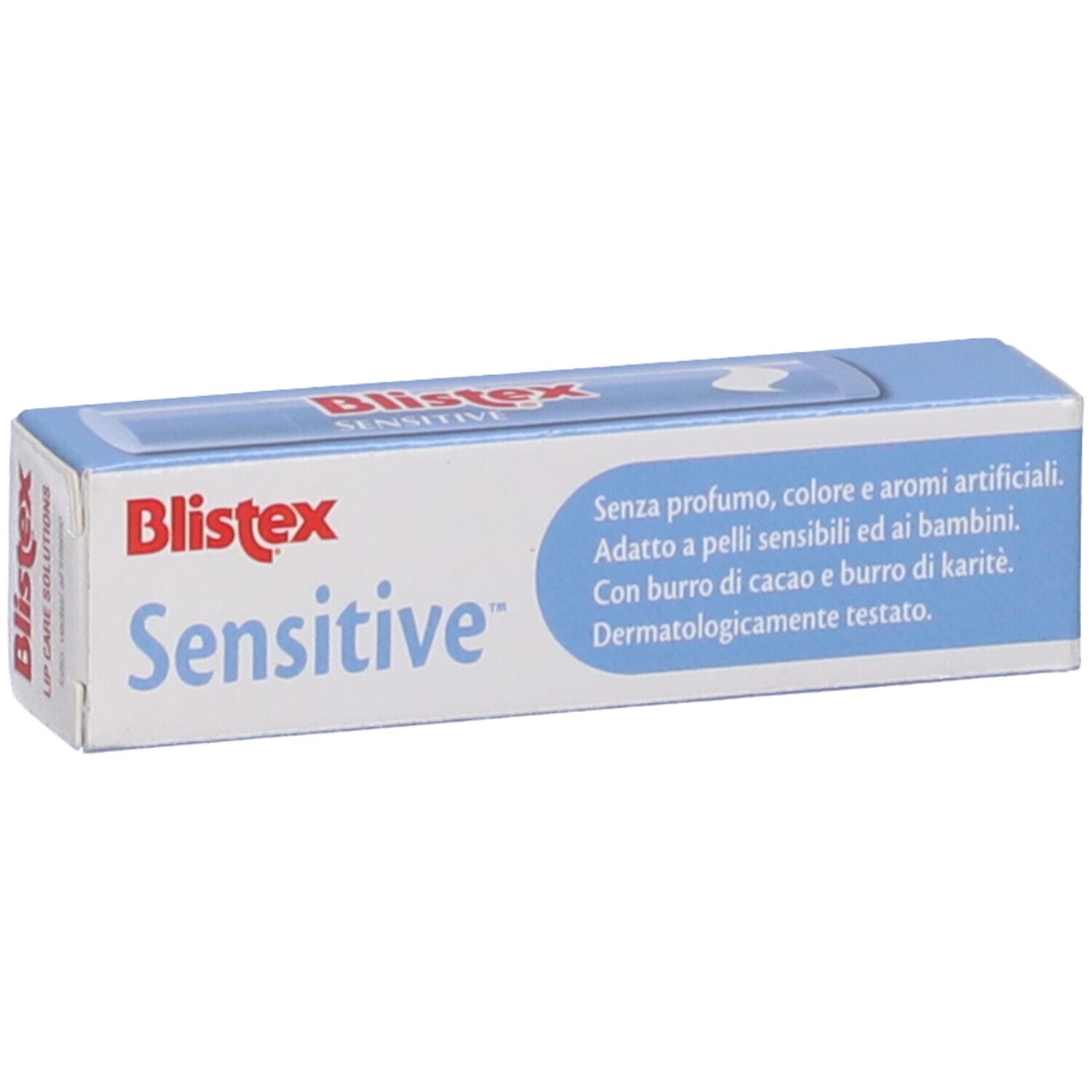 Confezione di Blistex Sensitive Labbra Stick. Scatola bianca e blu con nome del prodotto e testo. Dermatologicamente testato.
