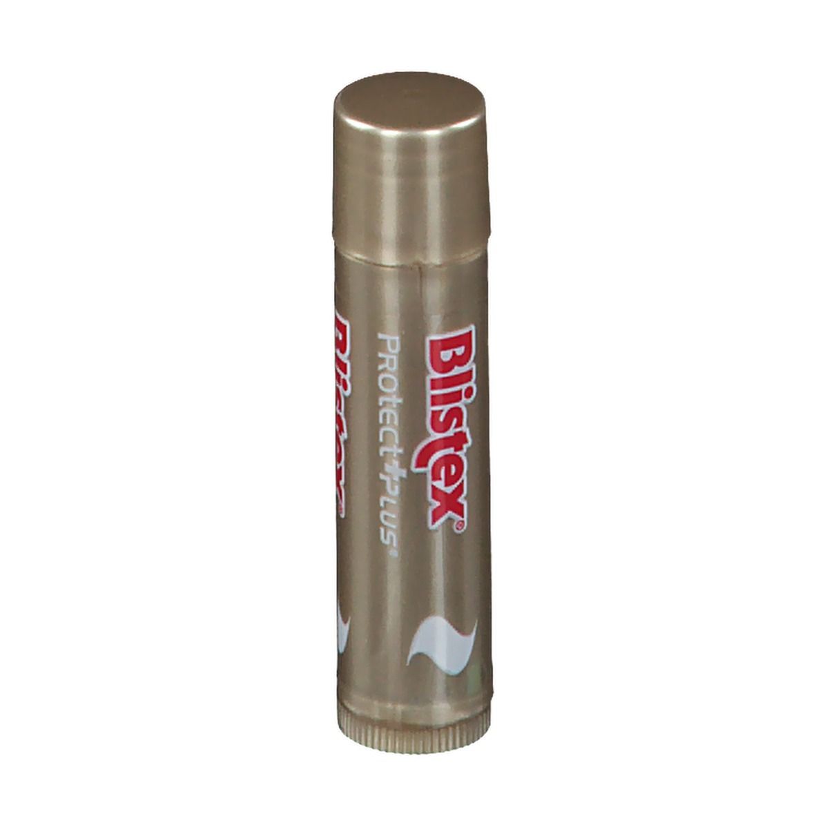 Stick labbra Blistex Protect+ Plus dorato. Scritta rossa e bianca. Forma cilindrica.