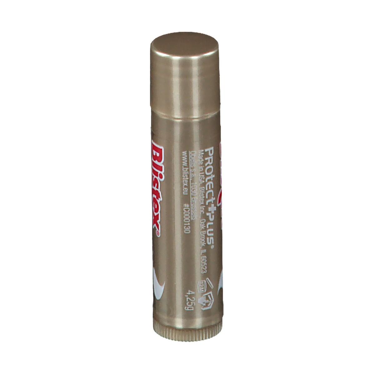 Stick labbra Blistex Protect+ Plus dorato. Scritta rossa e bianca. Cilindrico. 4,25g.