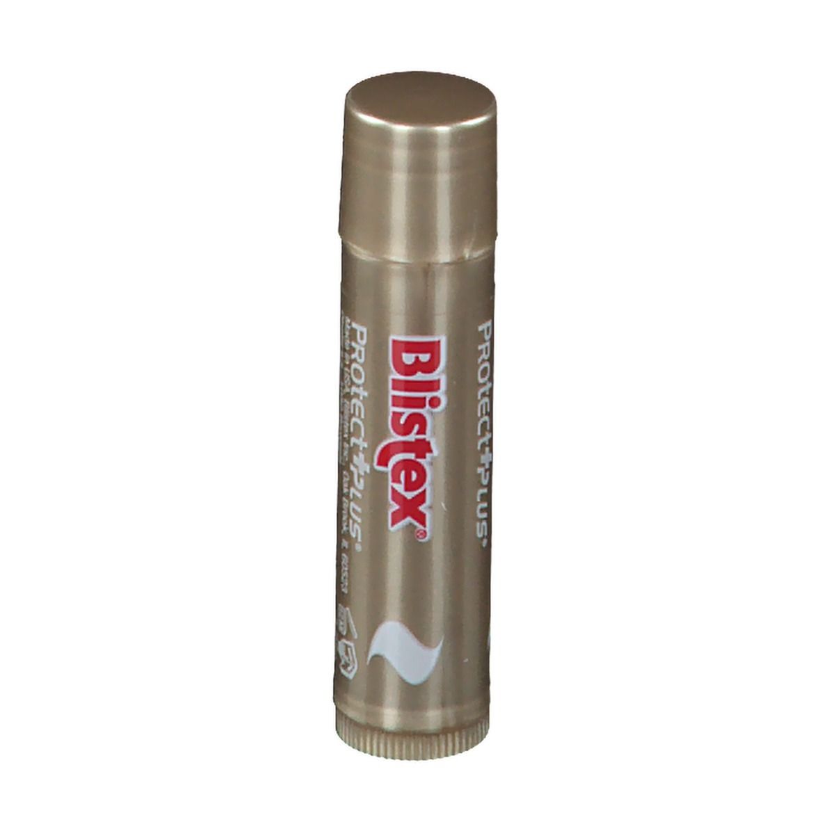 Stick labbra Blistex Protect+ Plus dorato. Scritta rossa e bianca. Forma cilindrica.