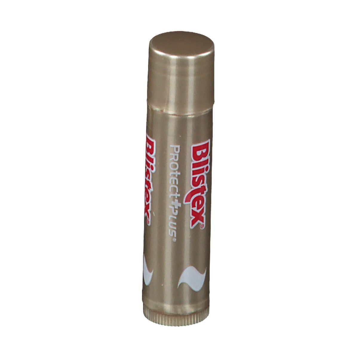 Stick labbra Blistex Protect+ Plus dorato. Scritta rossa e bianca. Forma cilindrica.