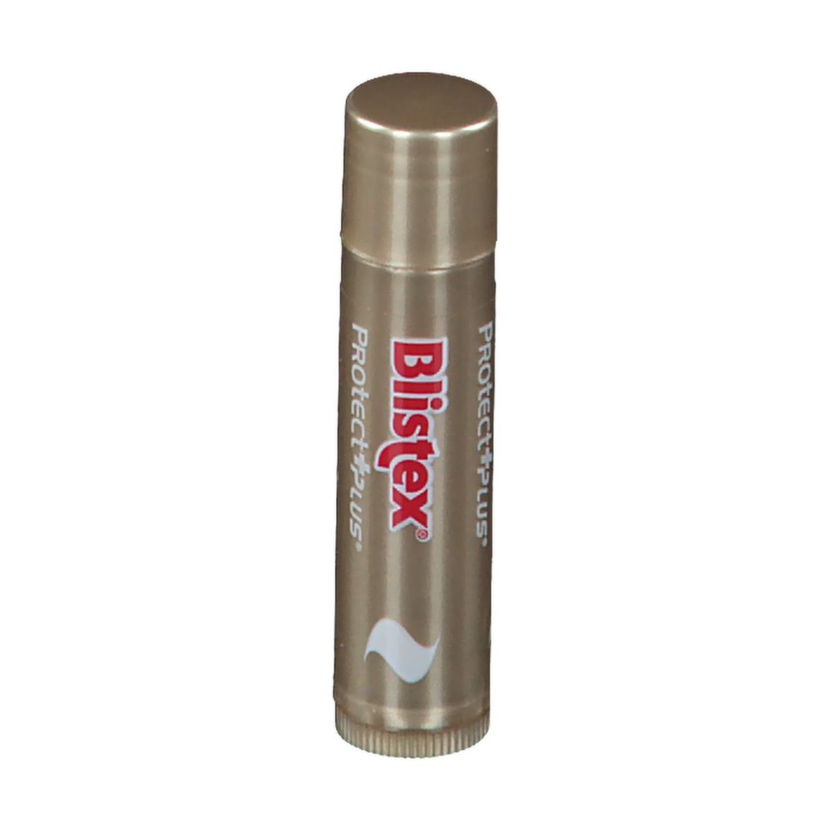 Stick labbra Blistex Protect+ Plus dorato. Scritta rossa e bianca. Forma cilindrica.
