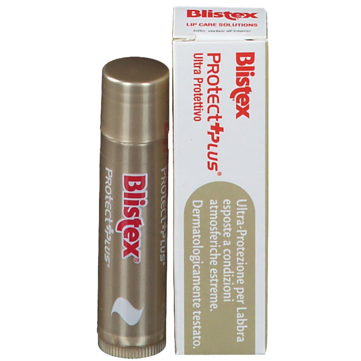 Stick labbra Blistex Protect+ Plus e confezione. Stick dorato, scritta bianca e rossa. Confezione.