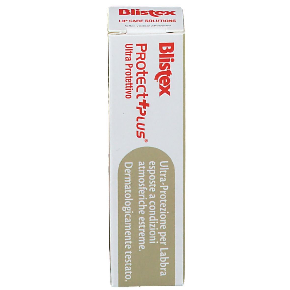 Confezione per Blistex Protect+ Plus. Confezione bianca con testo rosso e nero. Testo.