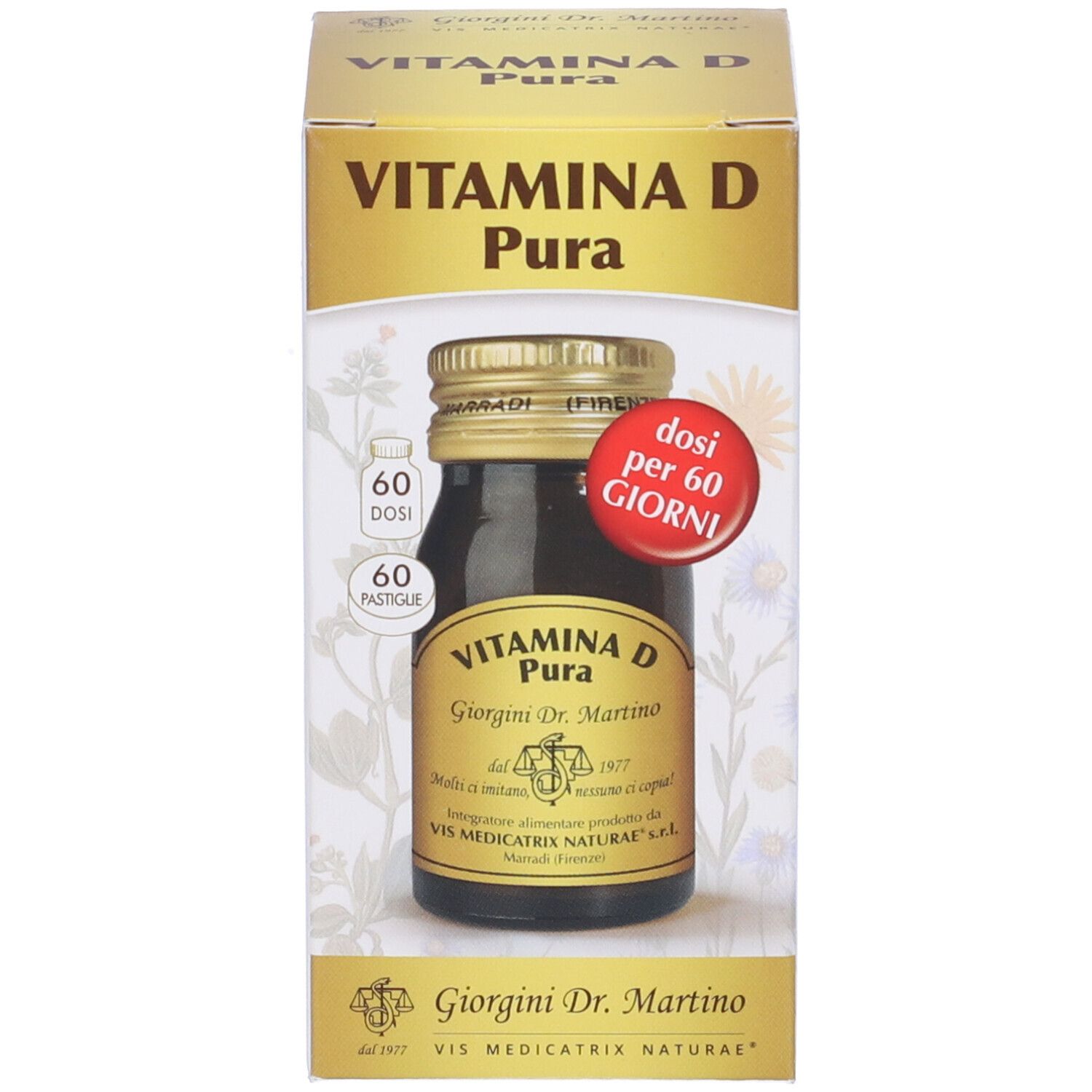 Confezione e flacone. Scritta: Vitamina D Pura, Giorgini Dr. Martino. Contiene 60 compresse.