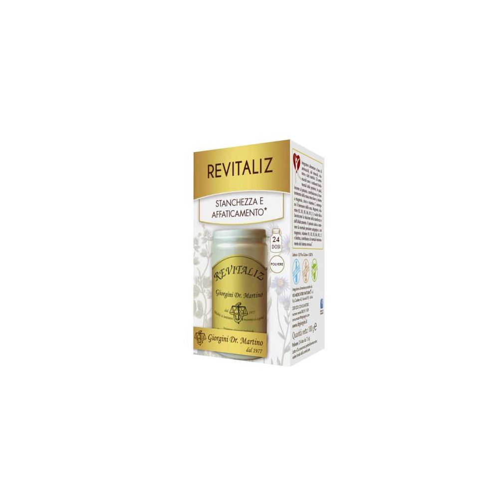 Confezione del prodotto REVITALIZ. Scritta: Stanchezza e affaticamento. Flacone in una scatola.