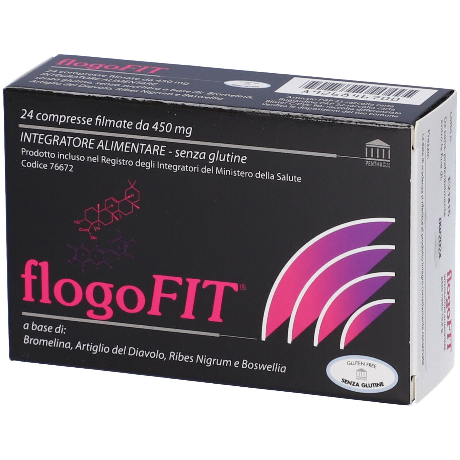 Scatola Flogofit. Sfondo nero, design rosa-viola. 24 compresse filmate.
