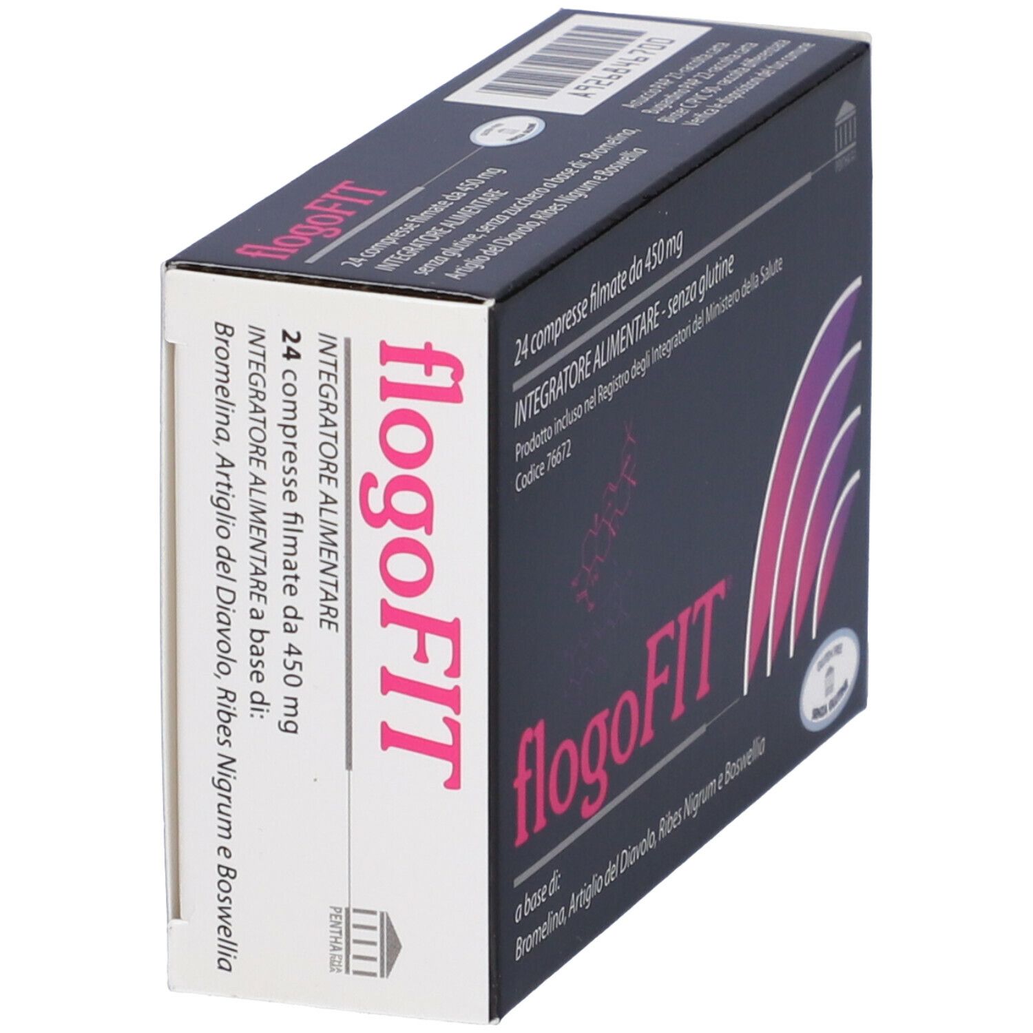 Scatola Flogofit. Sfondo nero, design rosa-viola. 24 compresse filmate.