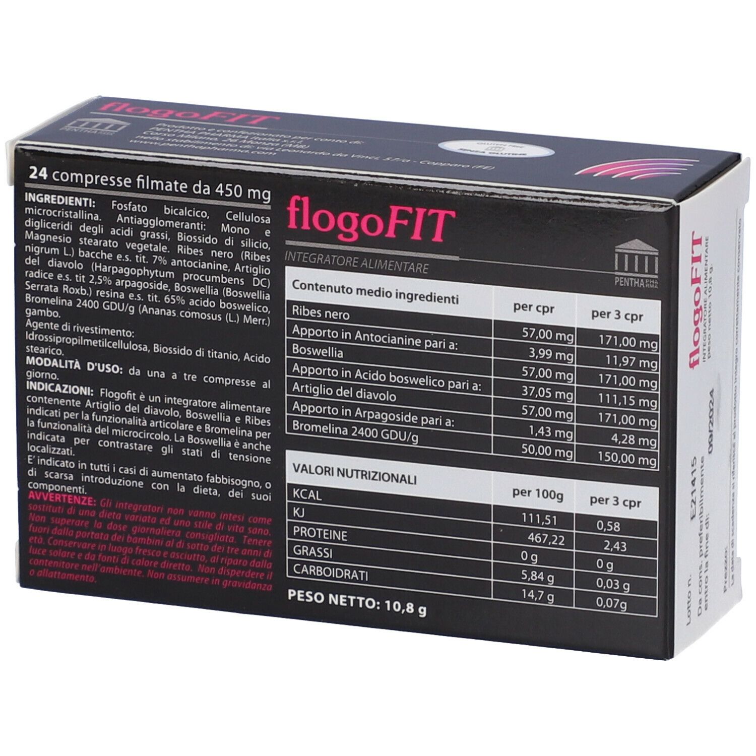 Scatola Flogofit. Retro con ingredienti e informazioni nutrizionali.