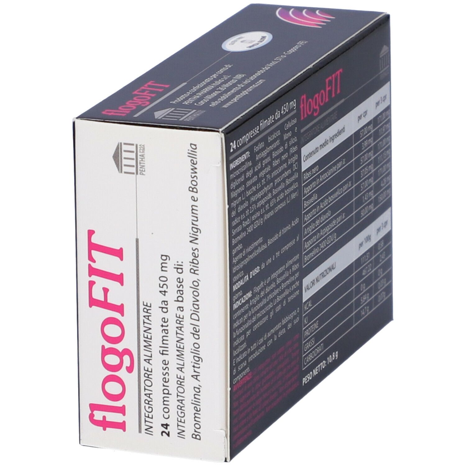 Scatola Flogofit. Vista laterale con testo. 24 compresse filmate.