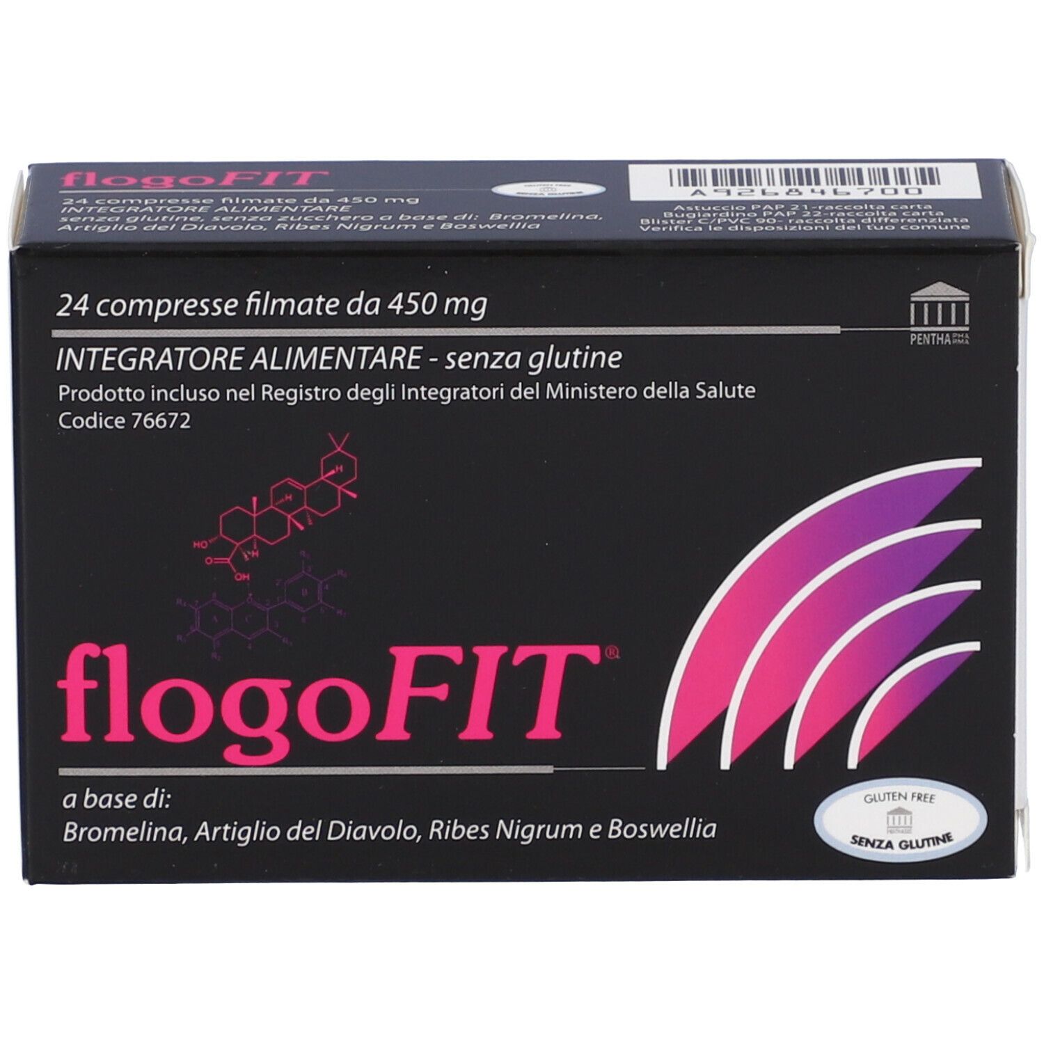 Scatola Flogofit. Sfondo nero, design rosa-viola. 24 compresse filmate.