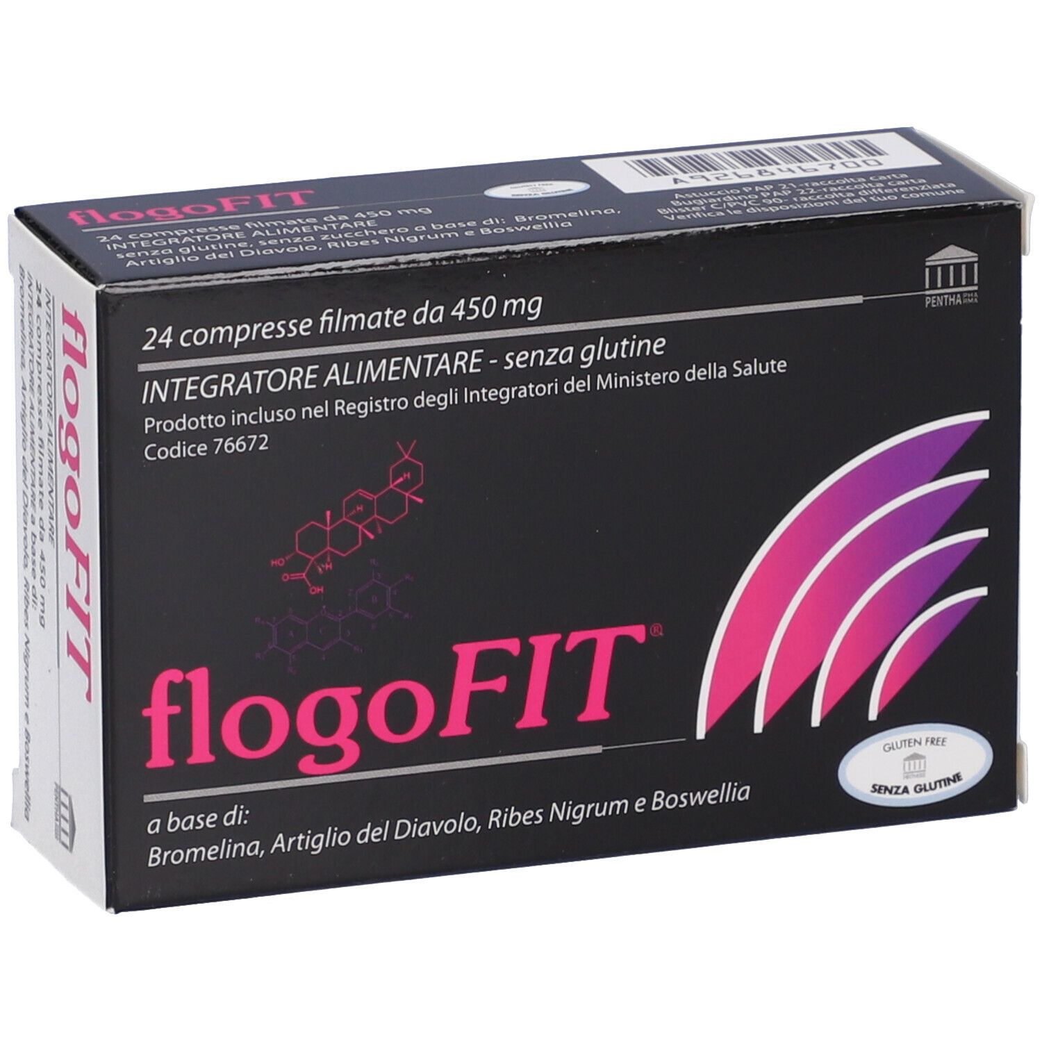 Scatola Flogofit. Sfondo nero, design rosa-viola. 24 compresse filmate.
