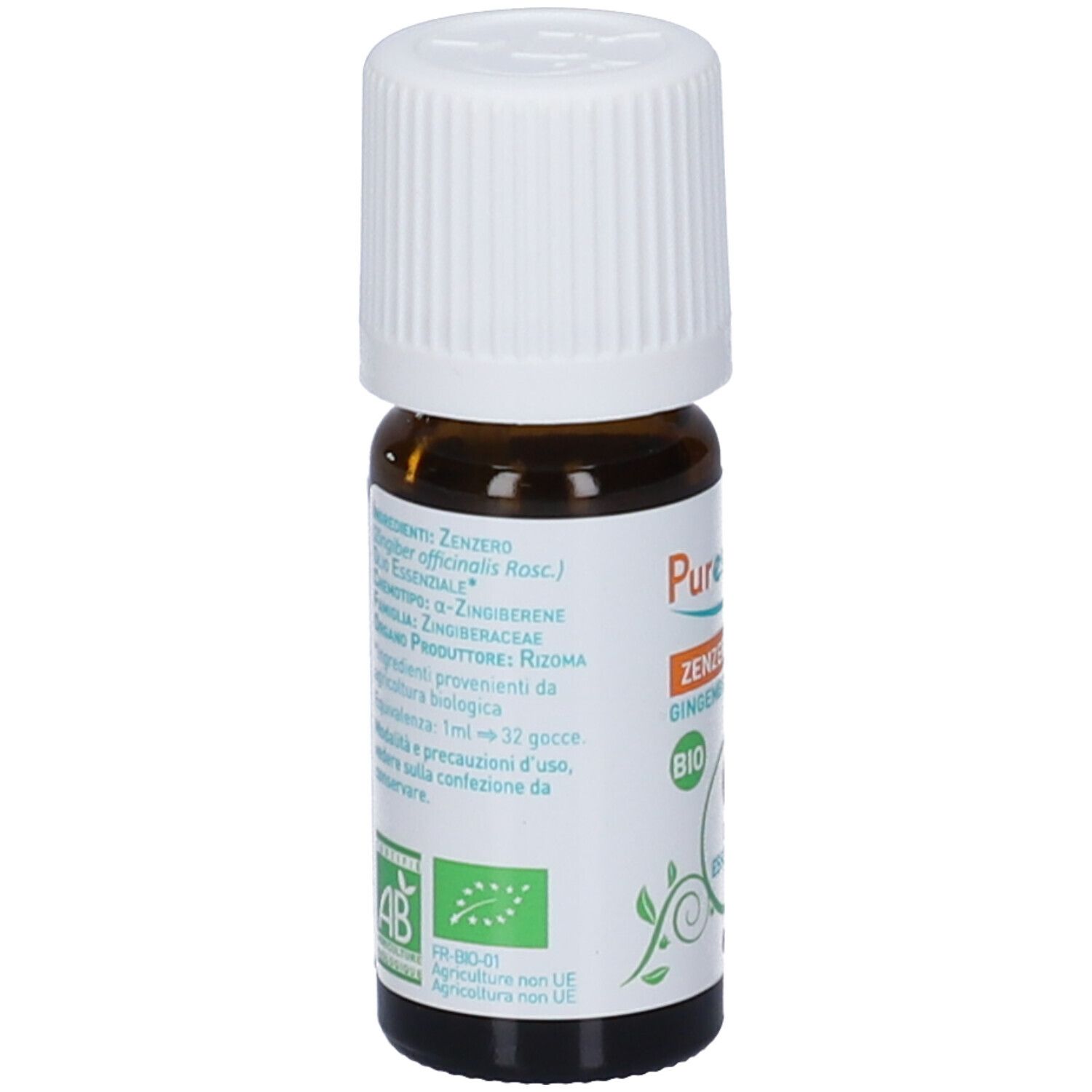 Flacone in vetro marrone, tappo bianco. Etichetta con testo e certificazione AB-Bio. Elenco ingredienti.