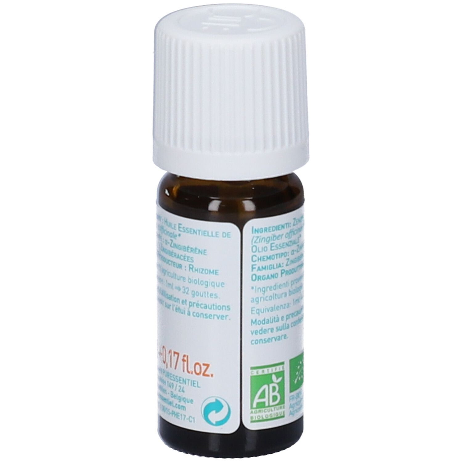 Flacone in vetro marrone, tappo bianco. Etichetta con testo e certificazione AB-Bio. Volume: 0,17 fl.oz.