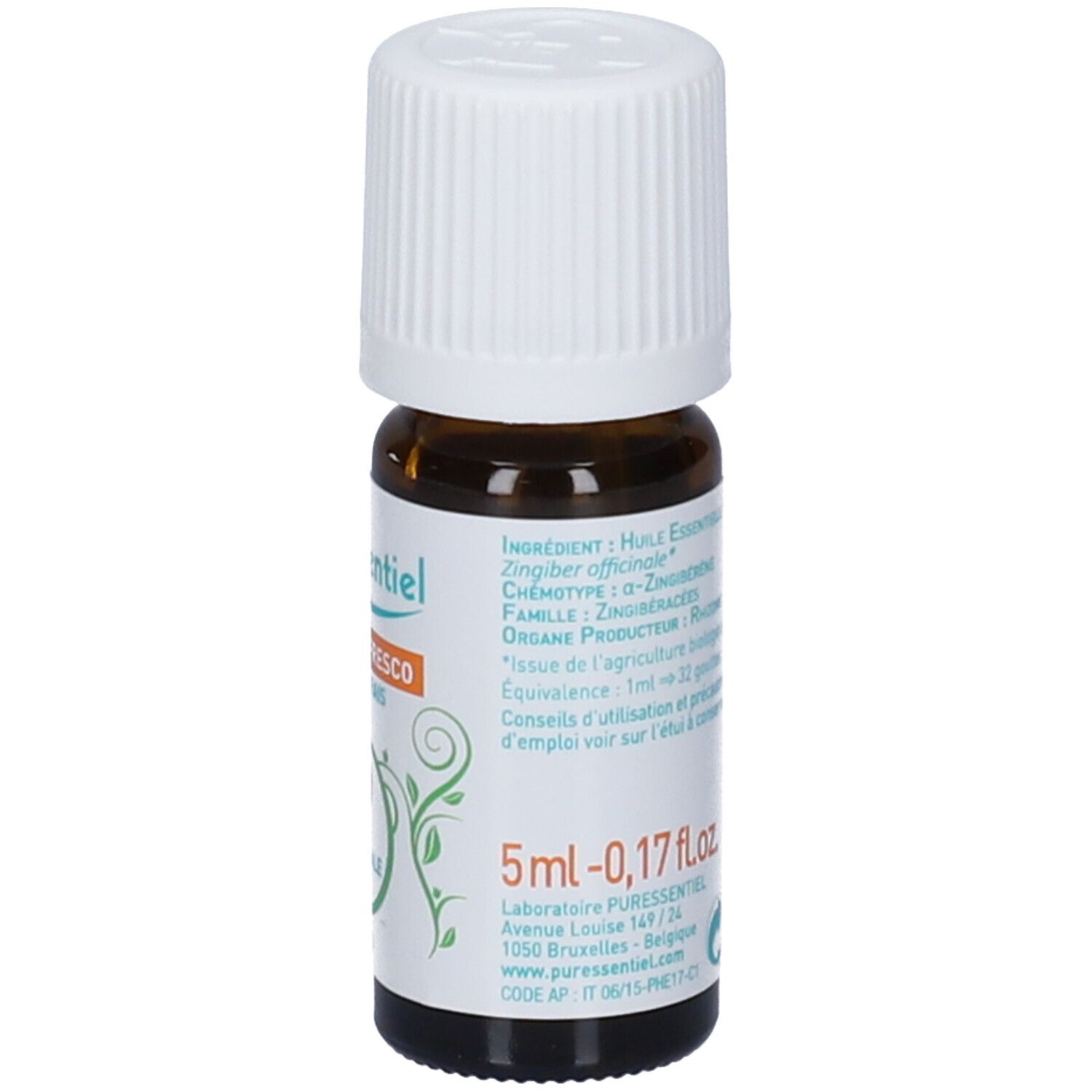 Flacone in vetro marrone, tappo bianco. Etichetta: 5 ml - 0,17 fl.oz. Indirizzo produttore. Certificazione AB-Bio.