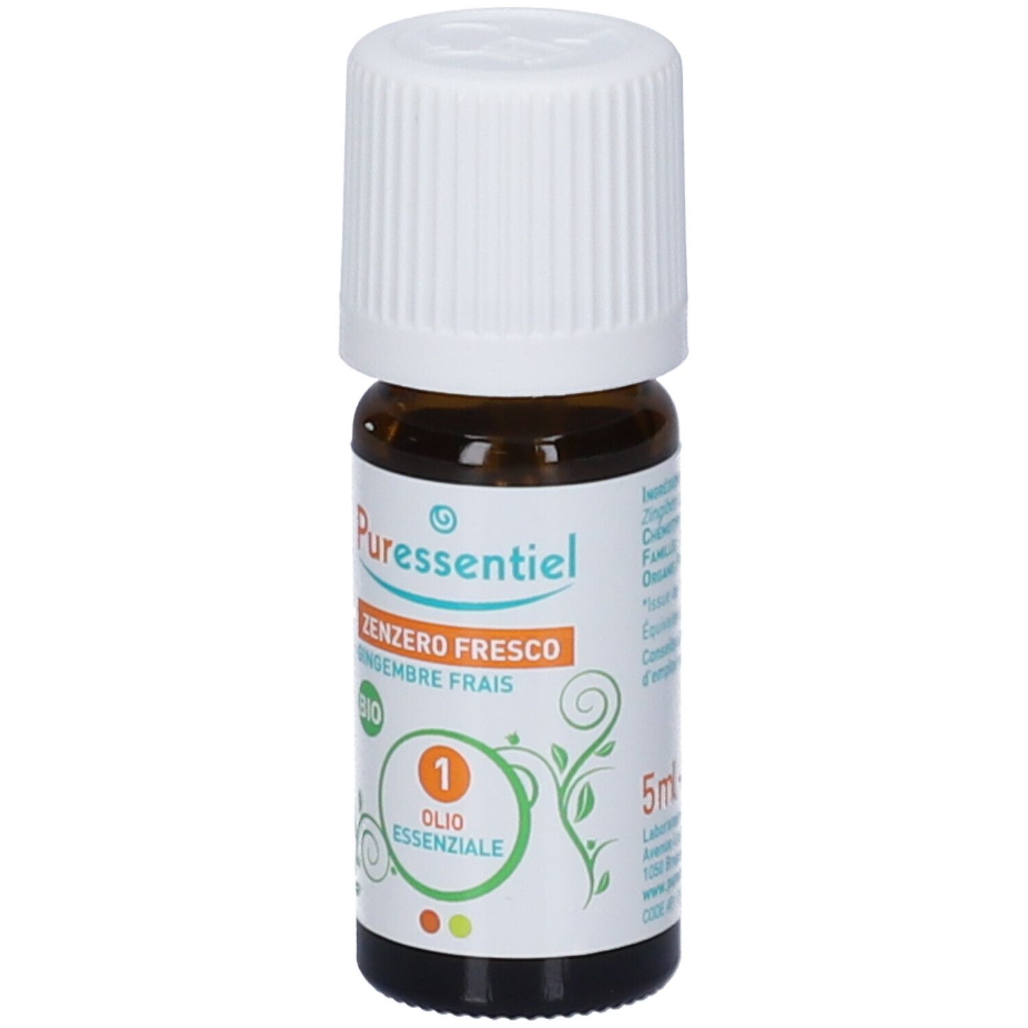 Flacone in vetro marrone, tappo bianco. Etichetta: Pures Zenzero, Bio. Olio Essenziale. Foglie verdi.