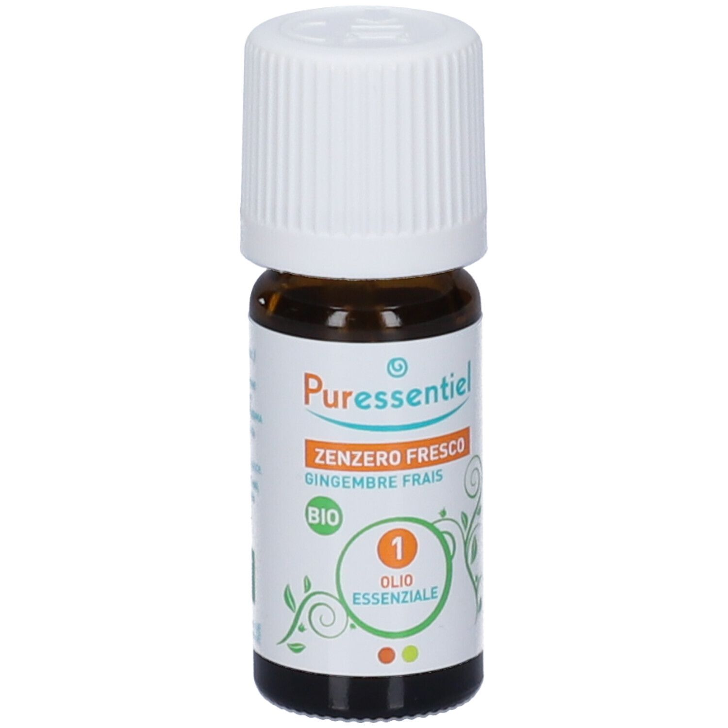 Flacone in vetro marrone, tappo bianco. Etichetta: Pures Zenzero, Bio. Olio Essenziale. Foglie verdi.