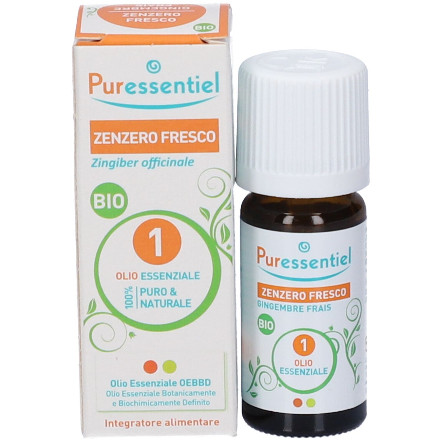Flacone in vetro marrone e scatola. Scatola: Pures Zenzero, Bio. Olio Essenziale. Foglie verdi. 100% puro.