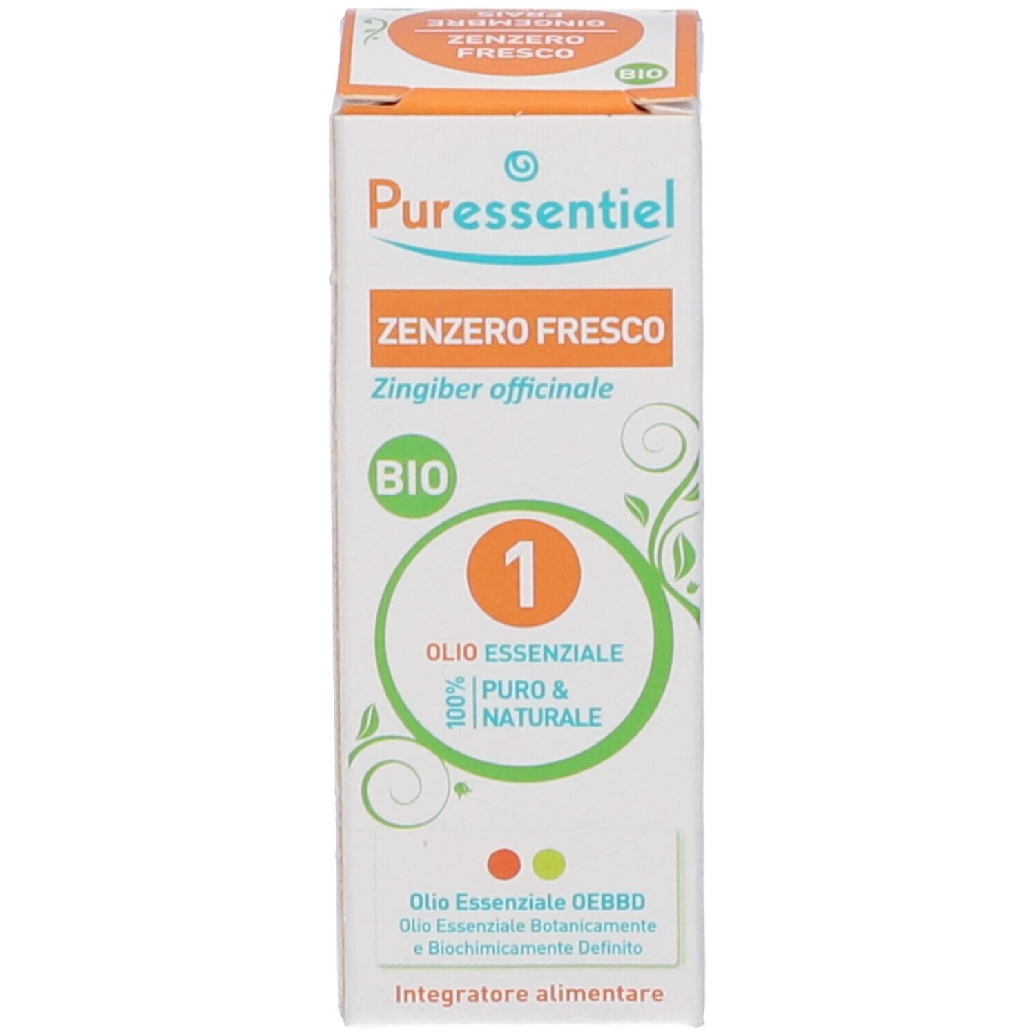 Scatola con testo: Pures Zenzero, Bio. Olio Essenziale. Foglie verdi. 100% puro & naturale. Certificazione AB-Bio.