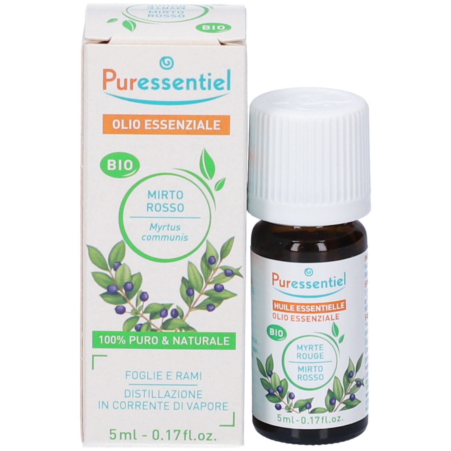 Flacone e confezione del prodotto. Scatola bianca con nome del prodotto e illustrazioni botaniche. Certificazione BIO.