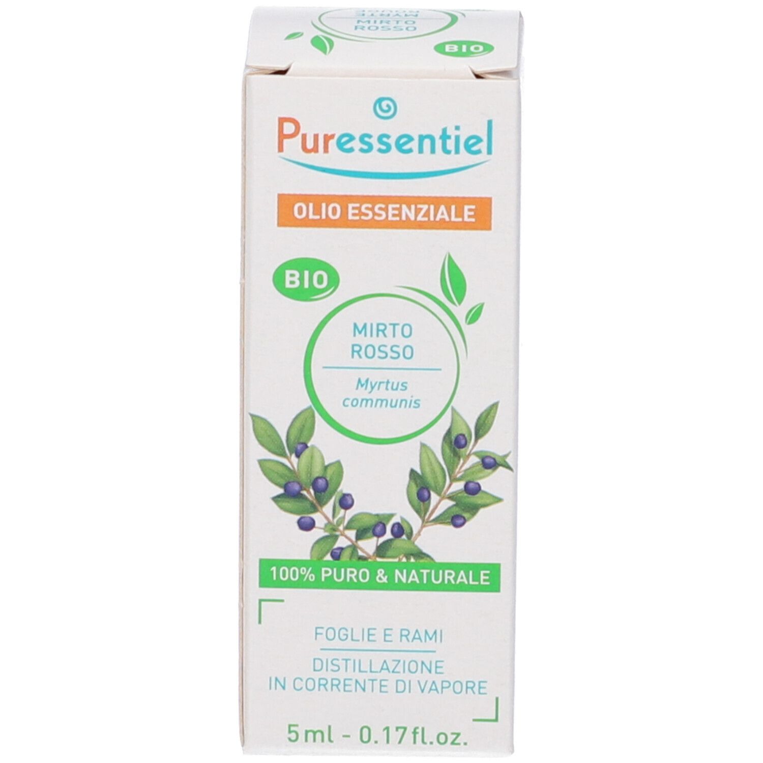 Scatola bianca con nome del prodotto e illustrazioni botaniche. Certificazione BIO. Testo in piccolo.