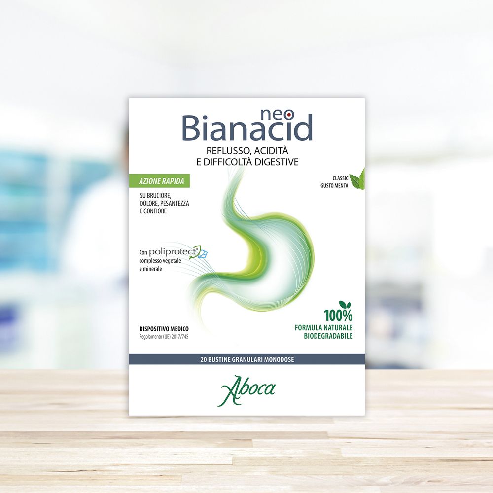 Confezione "neo Bianacid". Logo Aboca. Testo: Reflusso, acidità, difficoltà digestive. 20 bustine. Menta classica.