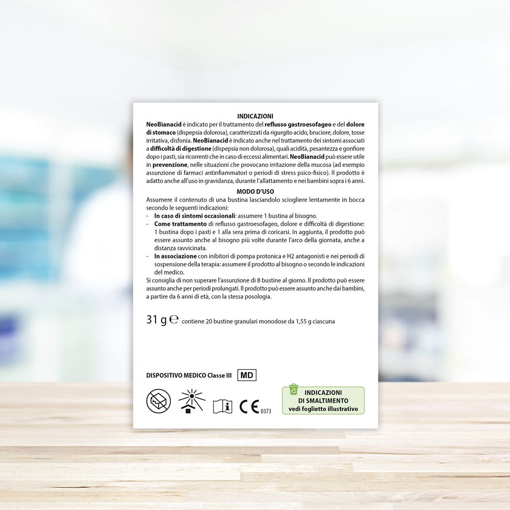 Retro della confezione. Testo: Indicazioni, modo d'uso, 31 g, 20 bustine. Dispositivo medico.