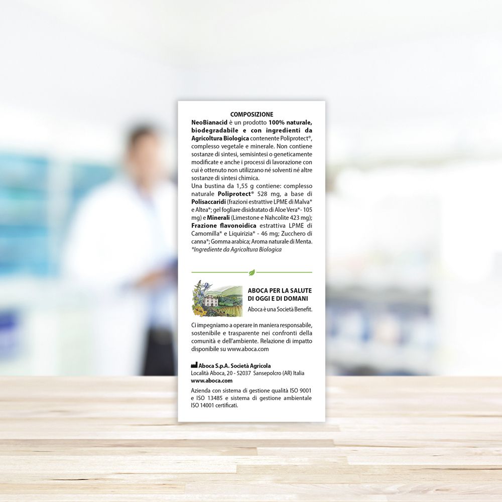 Confezione "neo Bianacid". Testo: Acidità, reflusso e difficoltà digestive. 20 bustine. Logo Aboca.