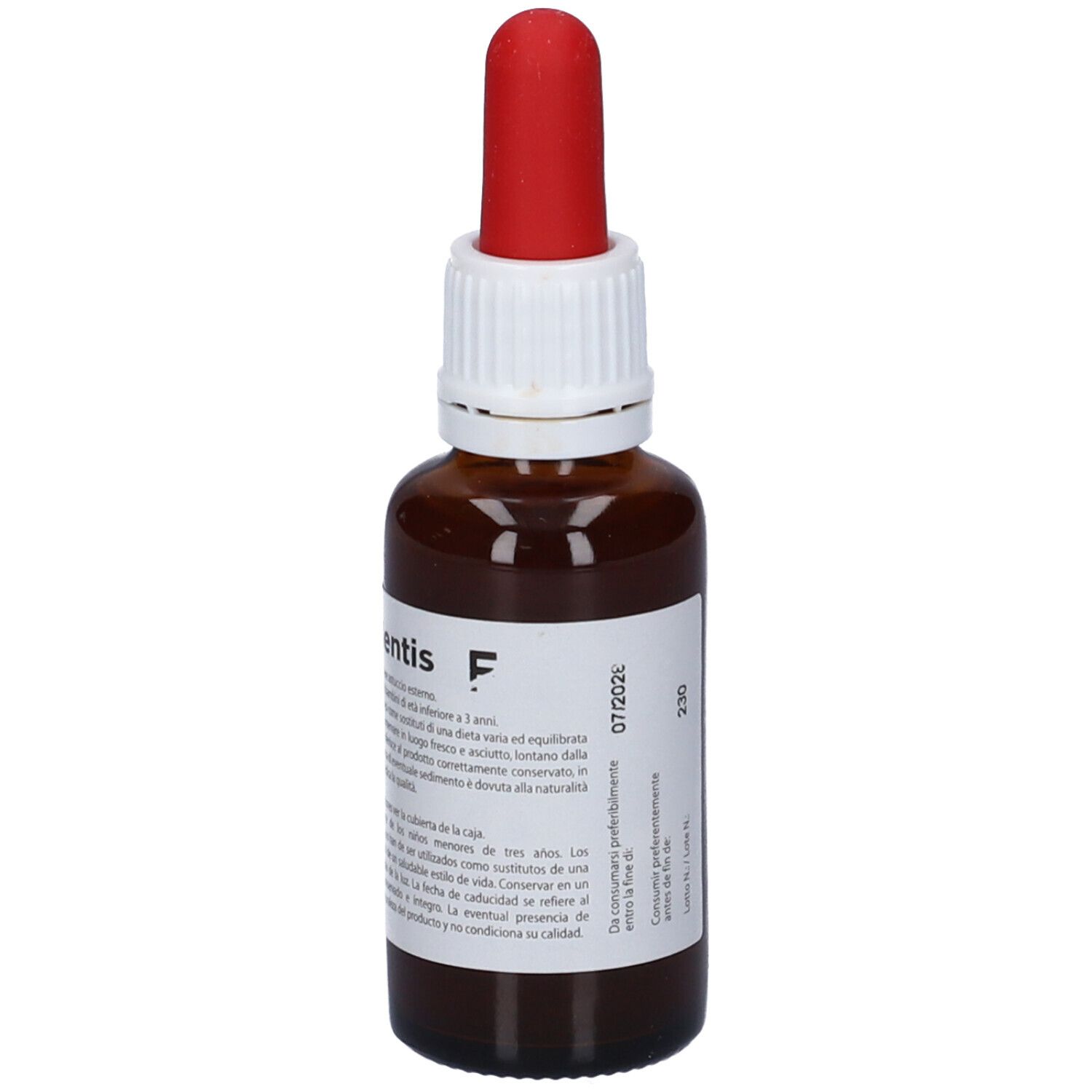 Flacone di vetro marrone con contagocce rosso. Etichetta con nome, testo e numero di lotto.