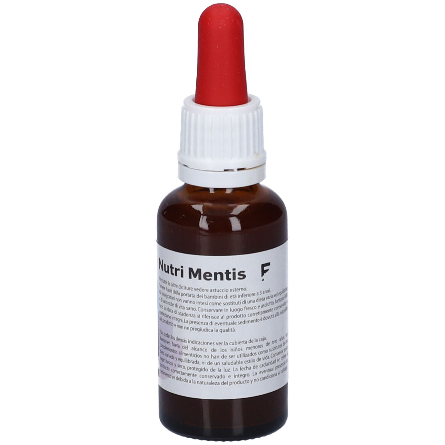 Flacone di vetro marrone con contagocce rosso. Etichetta con nome e testo del prodotto.