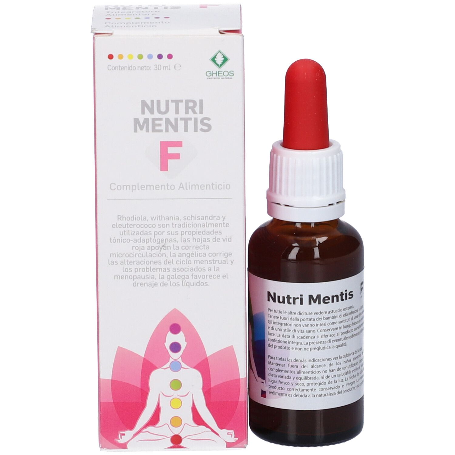 Flacone con contagocce rosso e confezione. Confezione con nome e testo del prodotto.